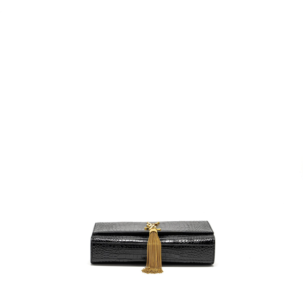 SAINT LAURENT/YSL KATE TASSEL BAG CROC-EMBOSSED CALFSKIN BLACK GHW