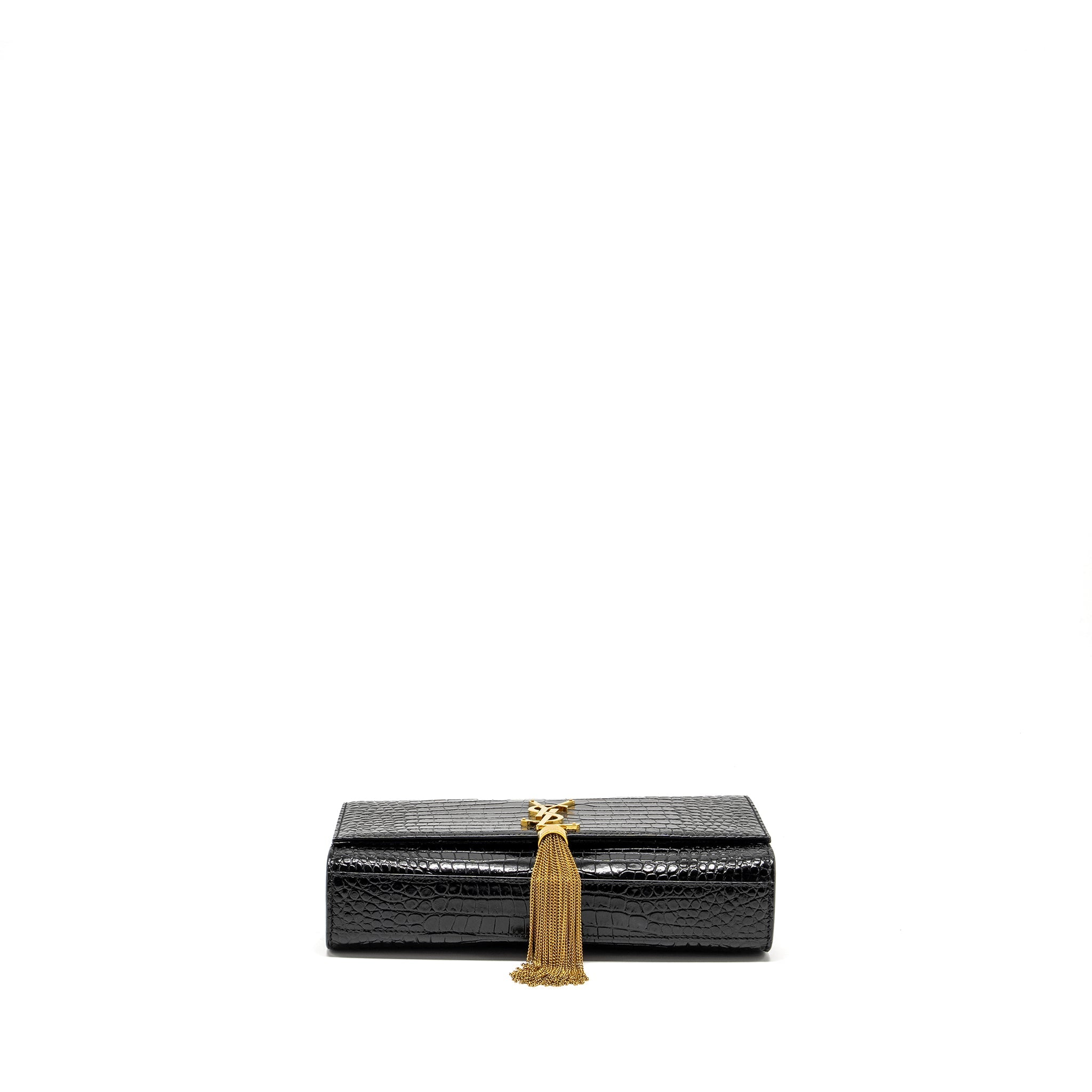 SAINT LAURENT/YSL KATE TASSEL BAG CROC-EMBOSSED CALFSKIN BLACK GHW