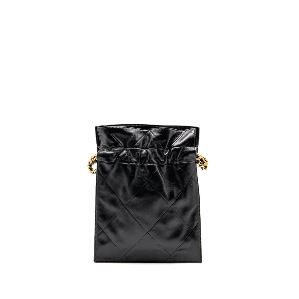 CHANEL SMALL DRAWSTRING TOTE BAG WITH CHAIN SHINY LAMBSKIN BLACK GHW