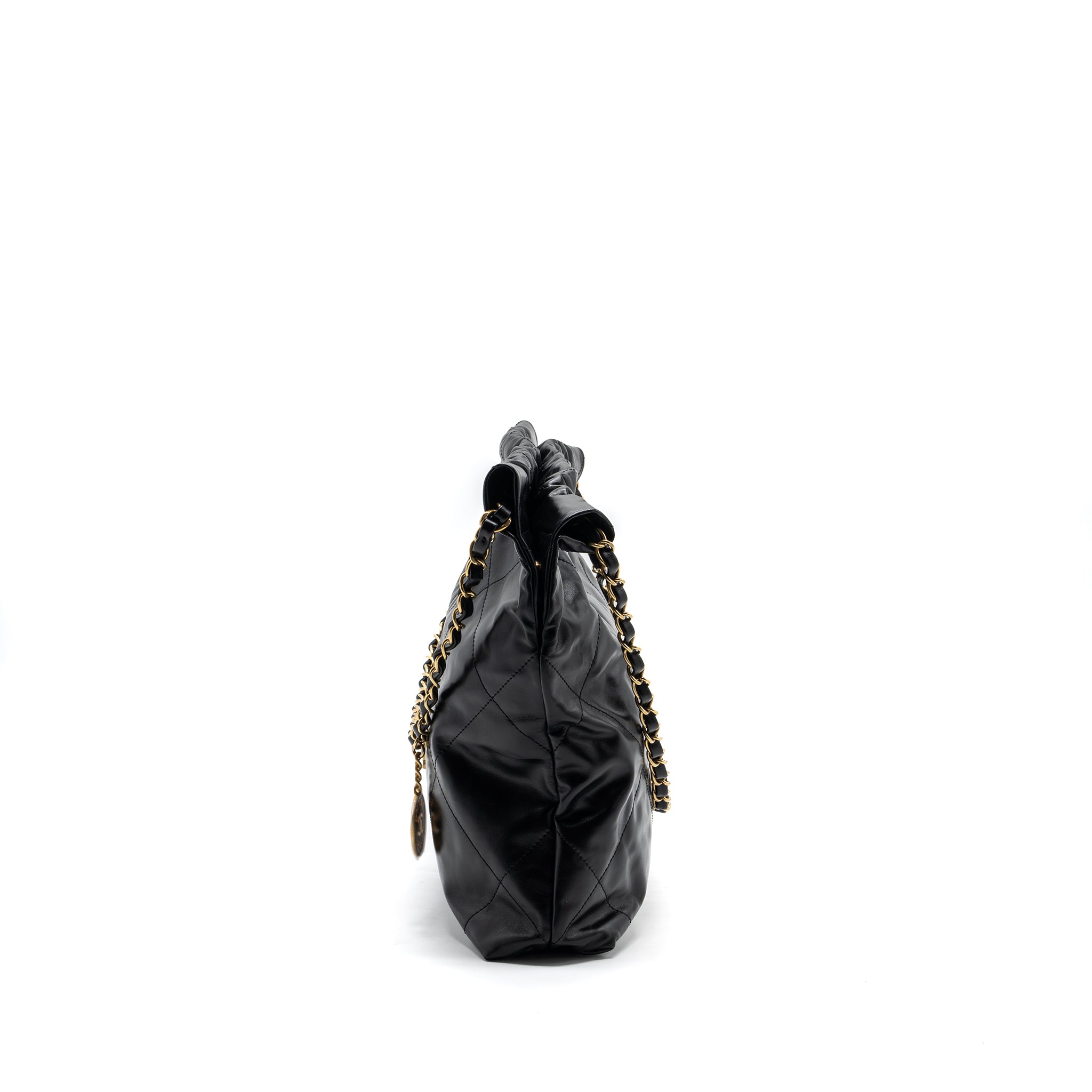 CHANEL SMALL 22 BAG GOLD LETTER SHINY  CALFSKIN BLACK BRUSHED GHW (MICROCHIP)