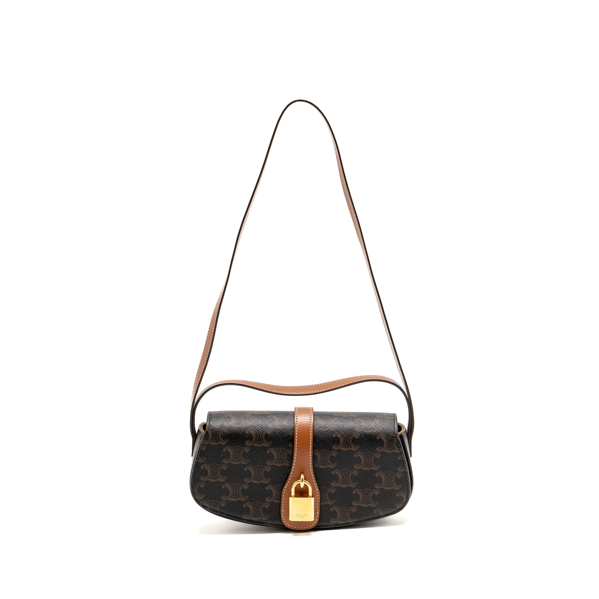 CELINE CLUTCH ON STRAP TABOU TRIOMPHE CANVAS/CALFSKIN TAN GHW