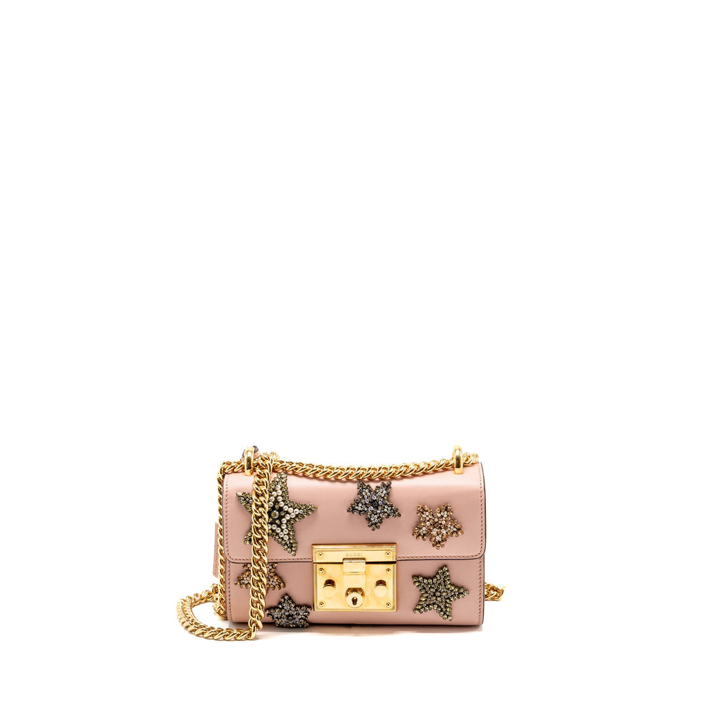 GUCCI PADLOCK CHAIN BAG CRYSTAL STARS CALFSKIN PINK GHW