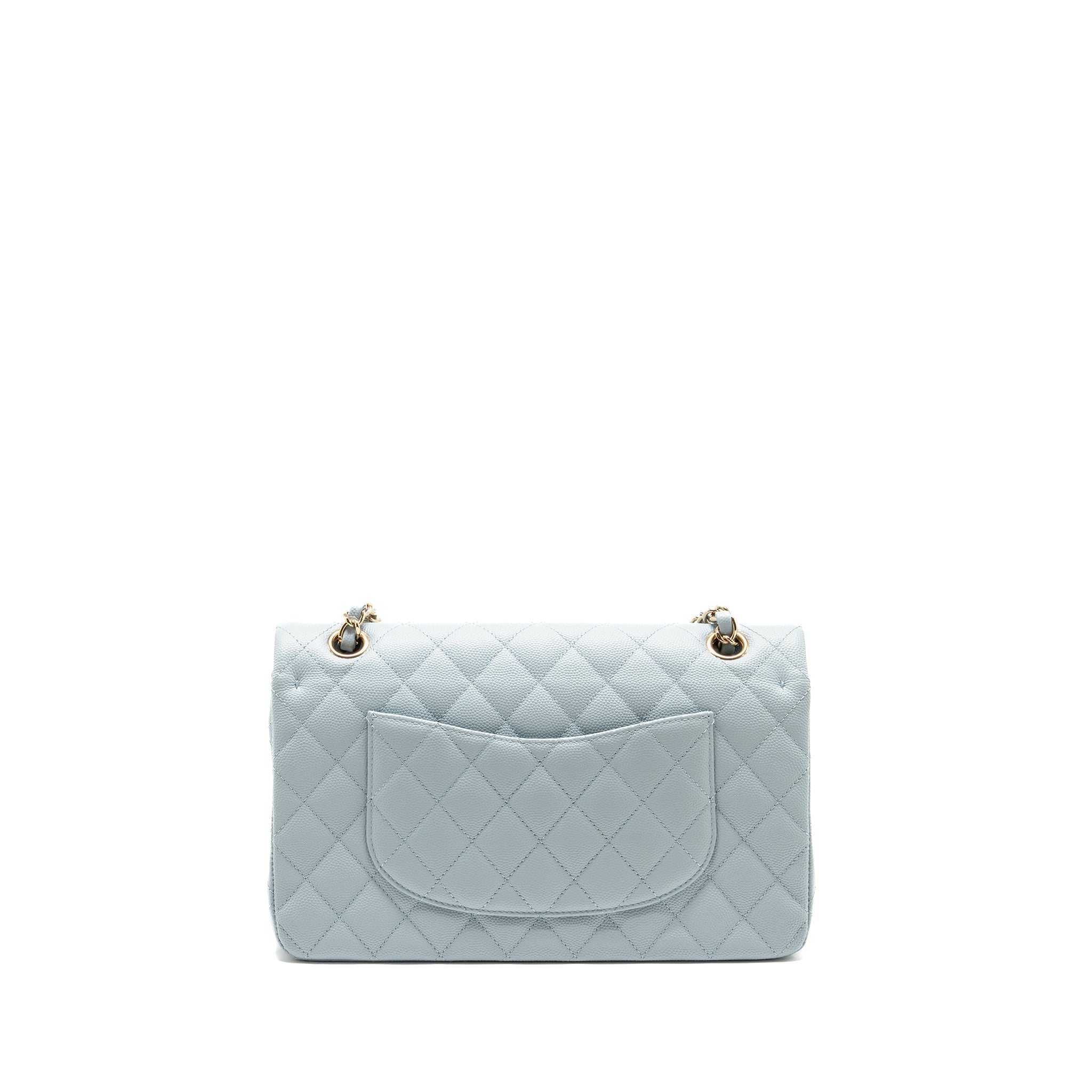 CHANEL MEDIUM CLASSIC DOUBLE FLAP BAG CAVIAR LIGHT BLUE LGHW (MICROCHIP)