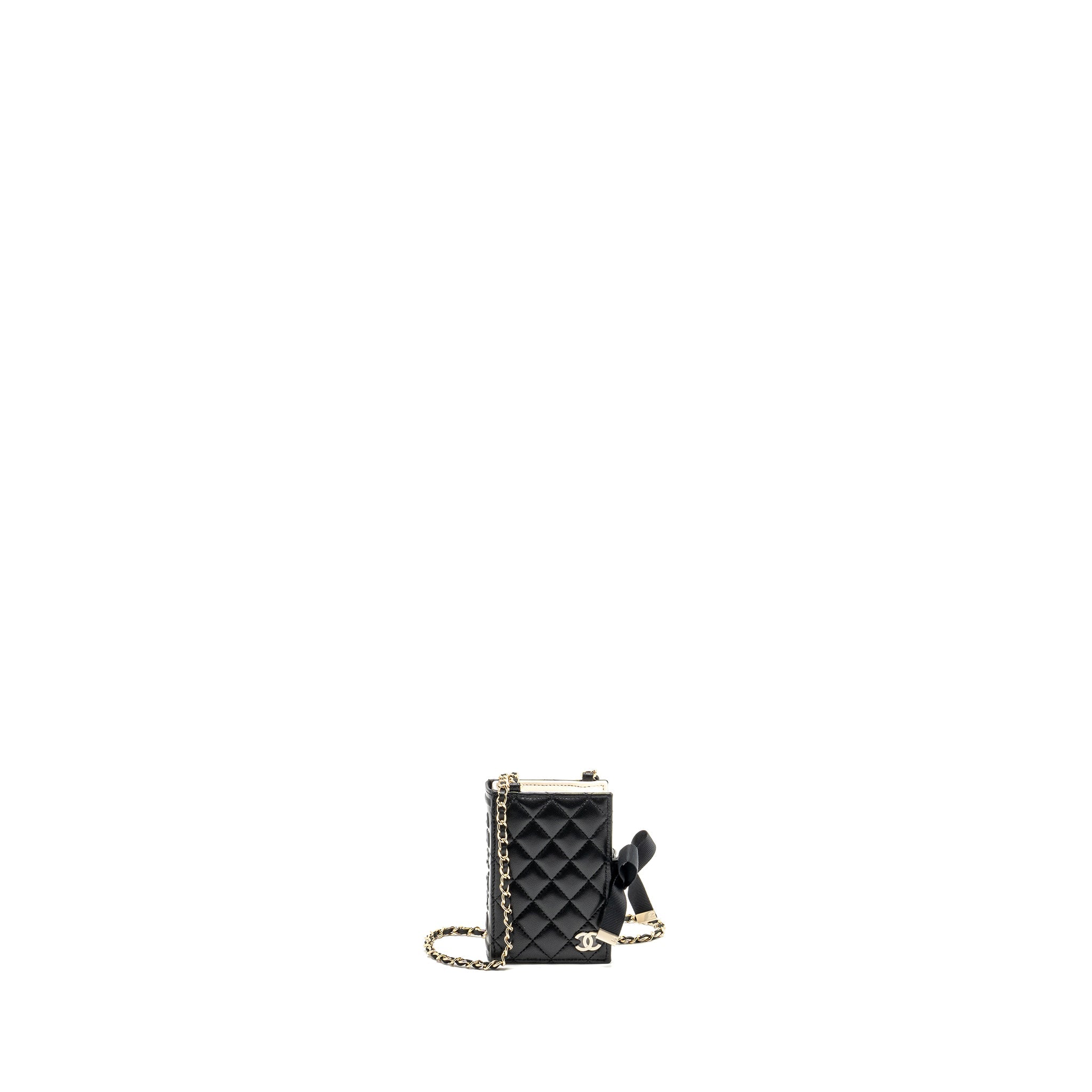 CHANEL MINI BOOK CARD HOLDER WITH CHAIN LAMBSKIN BLACK LGHW (MICROCHIP)
