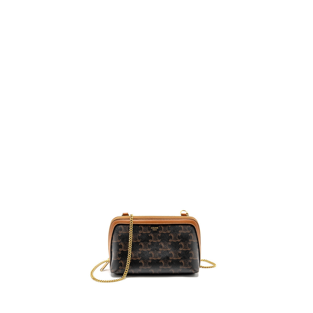 CELINE CLUTCH WITH CHAIN IN TRIOMPHE CANVAS / LAMBSKIN TAN GHW