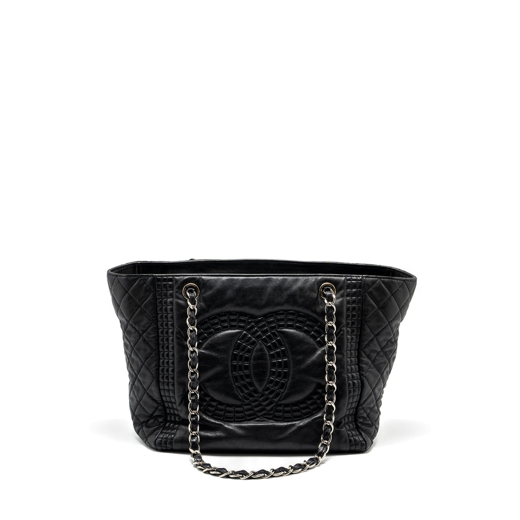 CHANEL CC LOGO SHOPPING TOTE BAG LAMBSKIN BLACK SHW
