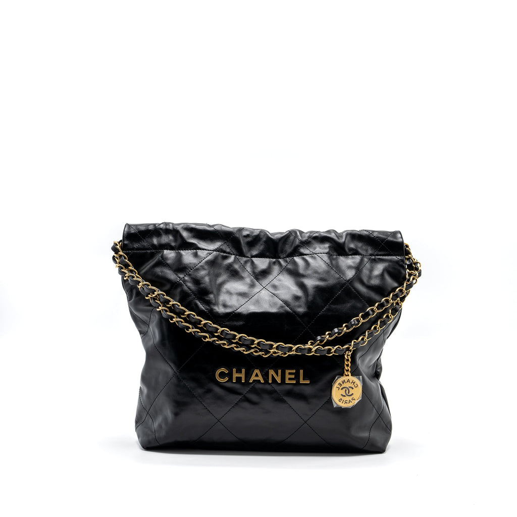 CHANEL SMALL 22 BAG GOLD LETTER SHINY  CALFSKIN BLACK BRUSHED GHW (MICROCHIP)