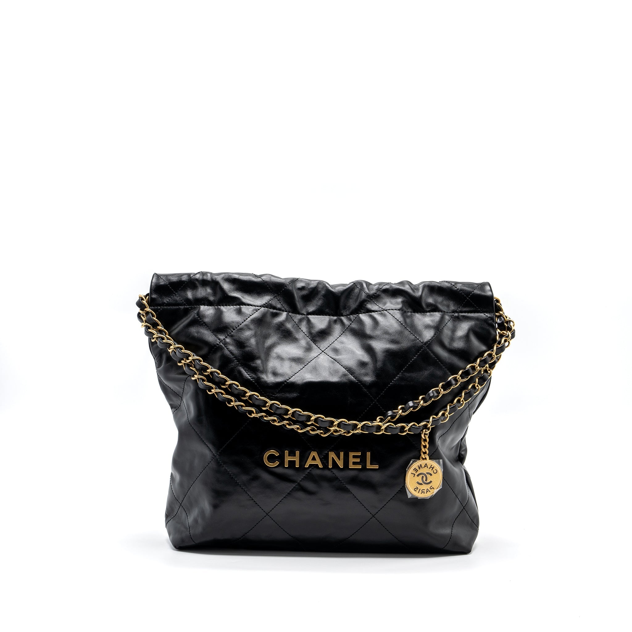 CHANEL SMALL 22 BAG GOLD LETTER SHINY  CALFSKIN BLACK BRUSHED GHW (MICROCHIP)