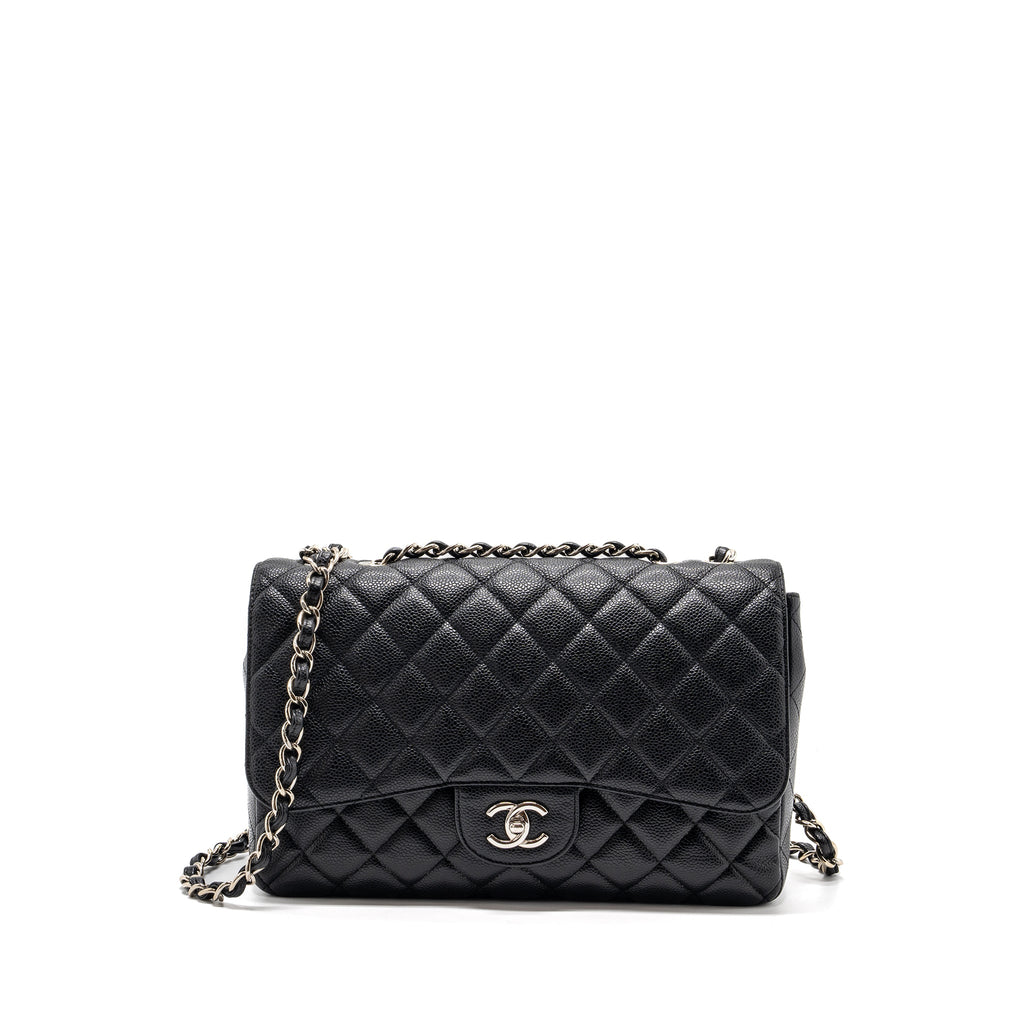 CHANEL CLASSIC JUMBO SINGLE FLAP BAG CAVIAR BLACK SHW