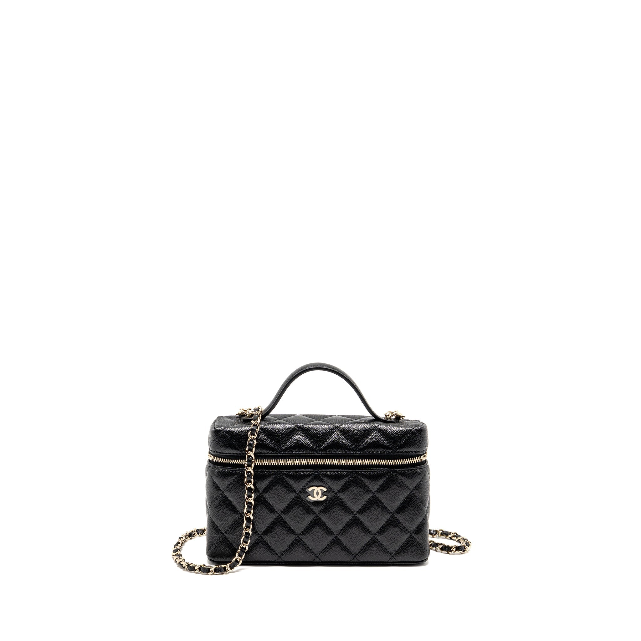 CHANEL 25P CC TOP HANDLE VANITY WITH CHAIN CAVIAR BLACK LGHW (MICROCHIP)