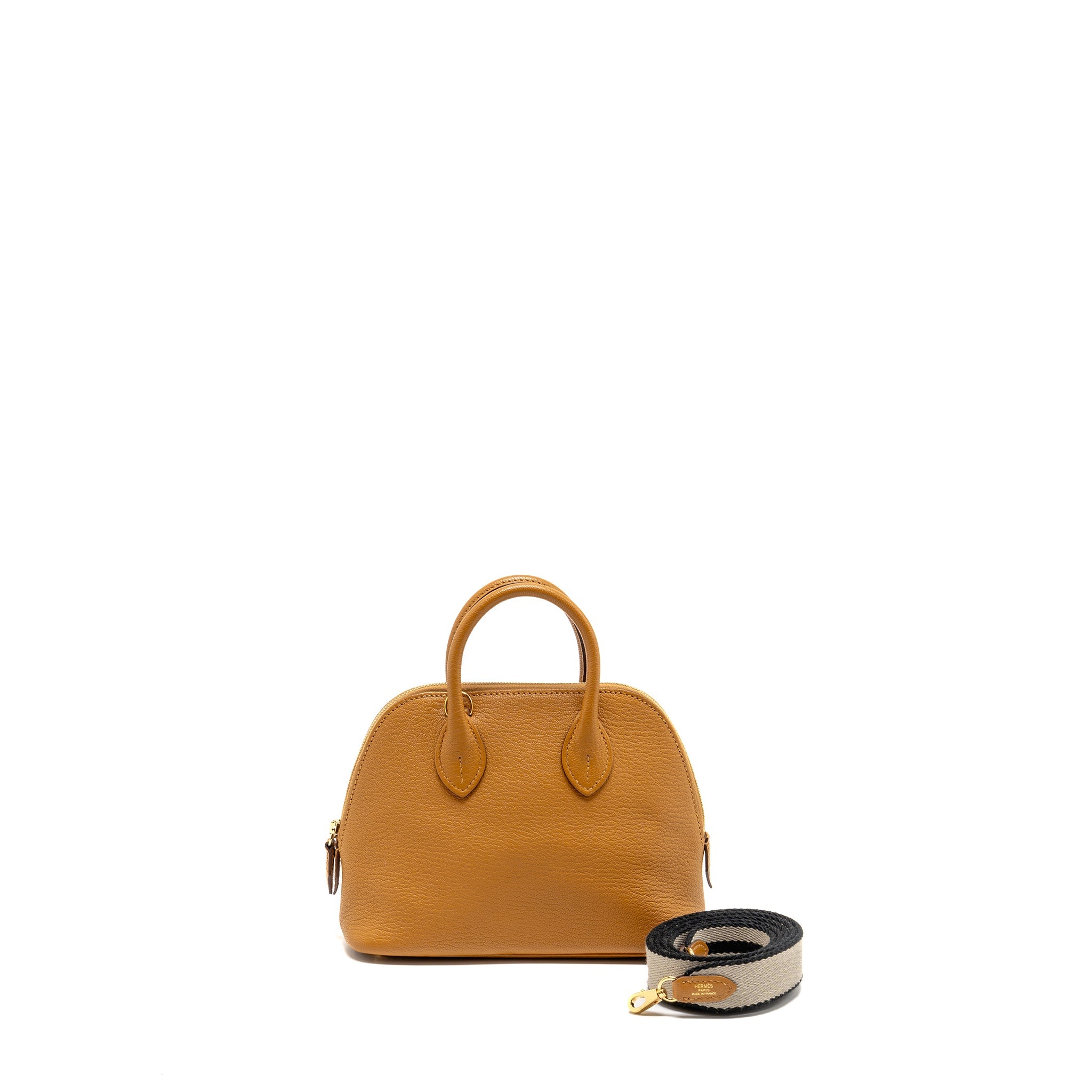 HERMES MINI BOLIDE CHÈVRE MYSORE CARAMEL MULTICOLOUR STRAP GHW