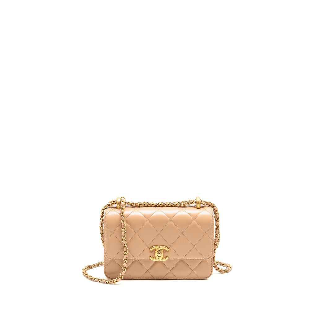 CHANEL GOLD CRUSH MINI FLAP BAG CALFSKIN BEIGE GHW (MICROCHIP)