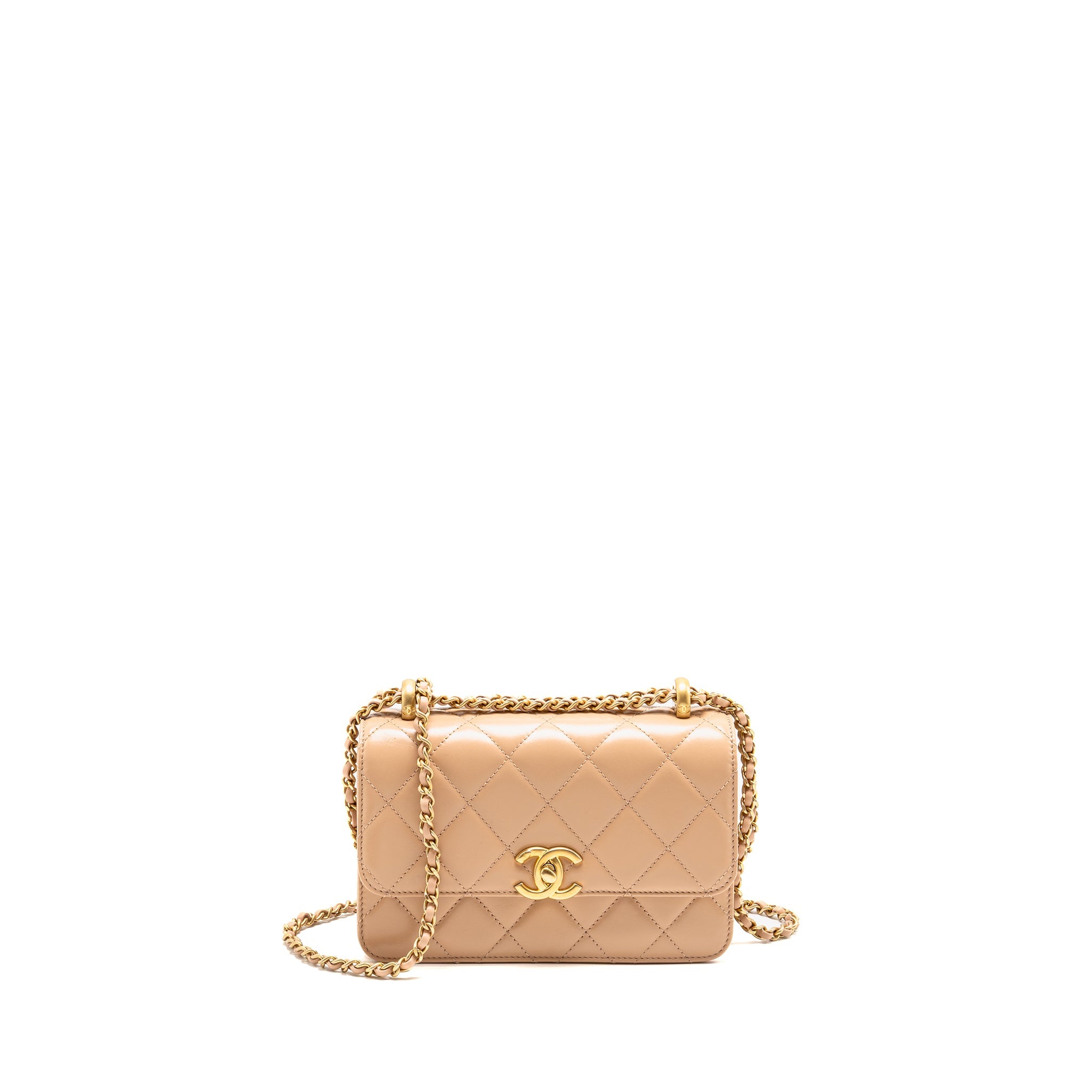 CHANEL GOLD CRUSH MINI FLAP BAG CALFSKIN BEIGE GHW (MICROCHIP)