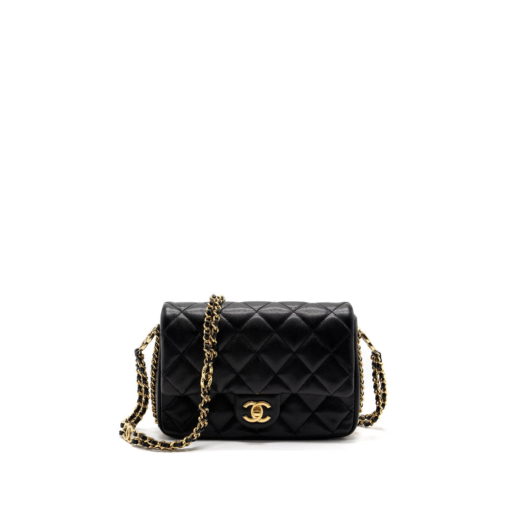 CHANEL 23C FLAP BAG WITH CC LOGO CHAIN CAVIAR BLACK GHW (MICROCHIP)