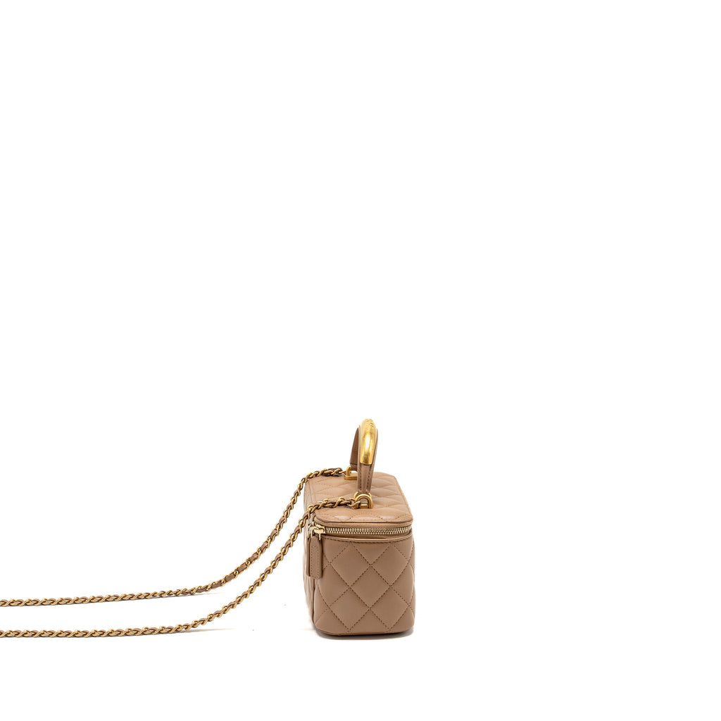 CHANEL TOP HANDLE LONG VANITY WITH CHAIN LAMBSKIN DARK BEIGE GHW (MICROCHIP)