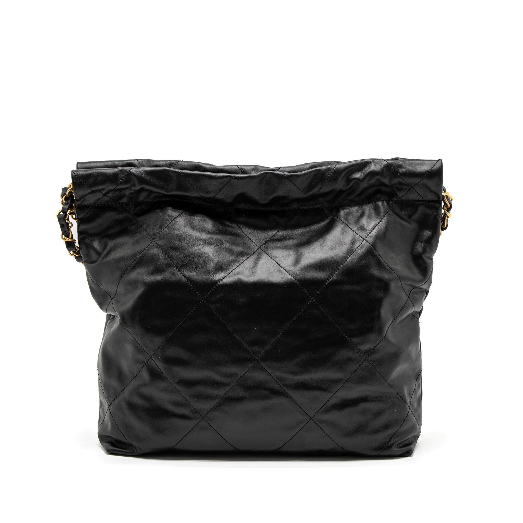 CHANEL SMALL 22 BAG WHITE LETTER SHINY CALFSKIN BLACK BRUSHED GHW (MICROCHIP)