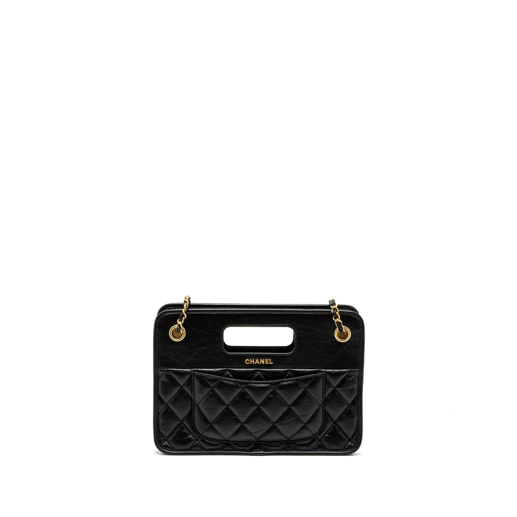 CHANEL 23S CLUTCH BAG WITH CHAIN CALFSKIN BLACK BRUSHED GHW (MICROCHIP)