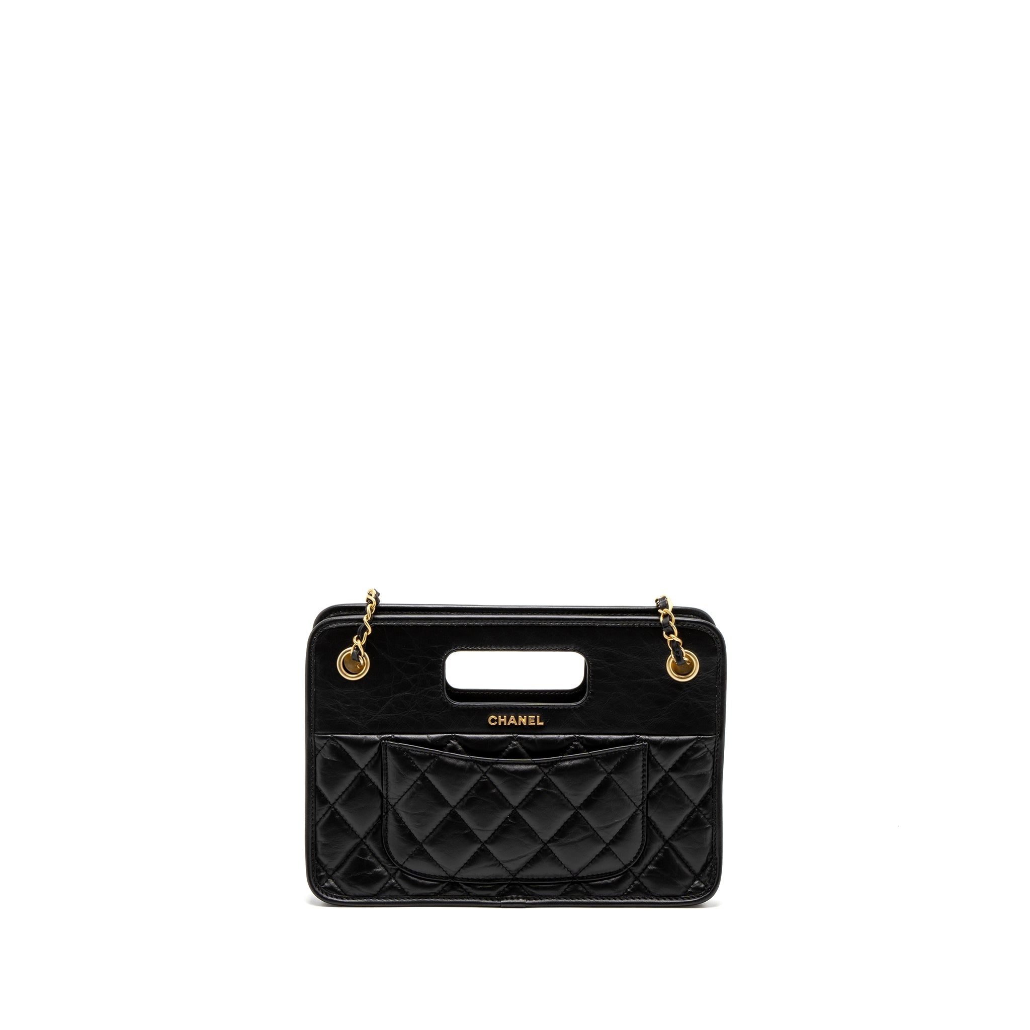CHANEL 23S CLUTCH BAG WITH CHAIN CALFSKIN BLACK BRUSHED GHW (MICROCHIP)