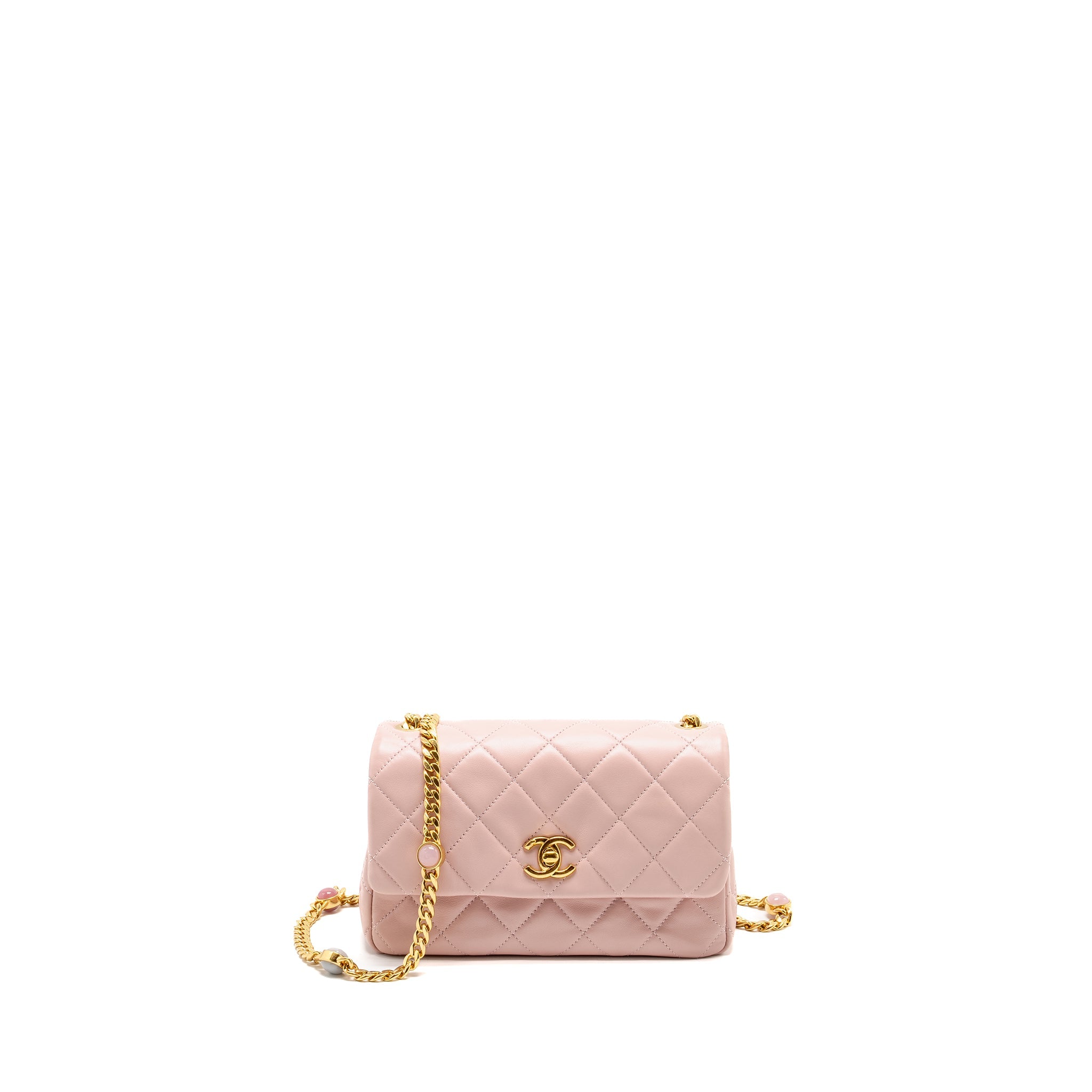 CHANEL 22B FLAP BAG WITH GEM CHAIN LAMBSKIN DUST PINK GHW (MICROCHIP)
