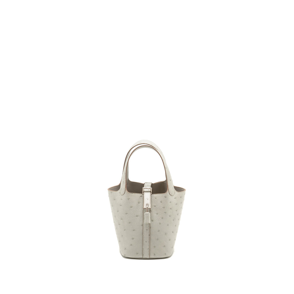 HERMES MICRO PICOTIN 14 LOCK BAG OSTRICH GRIS PERLE SHW