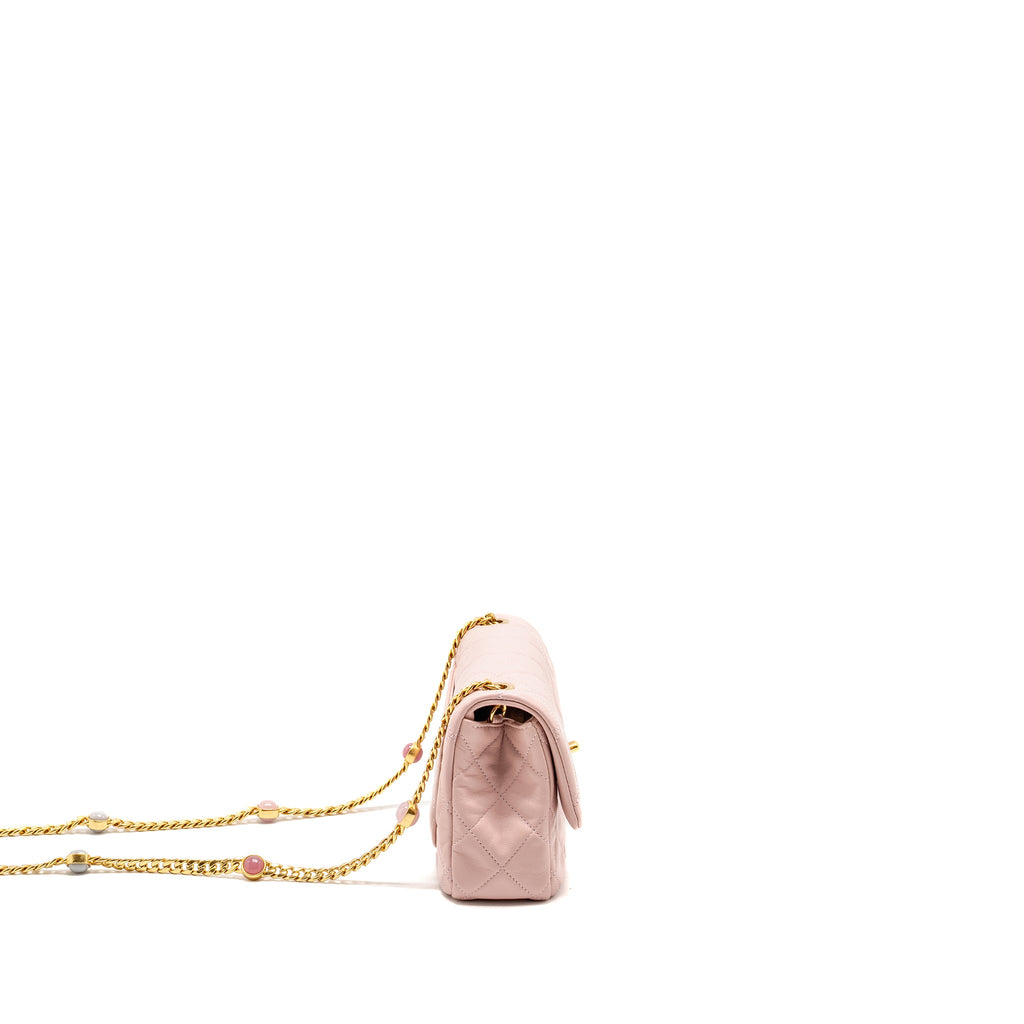 CHANEL 22B FLAP BAG WITH GEM CHAIN LAMBSKIN DUST PINK GHW (MICROCHIP)