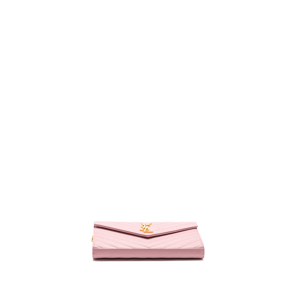 SAINT LAURENT / YSL CASSANDRE MATELASSE WALLET ON CHAIN GRAINED CALFSKIN PINK GHW