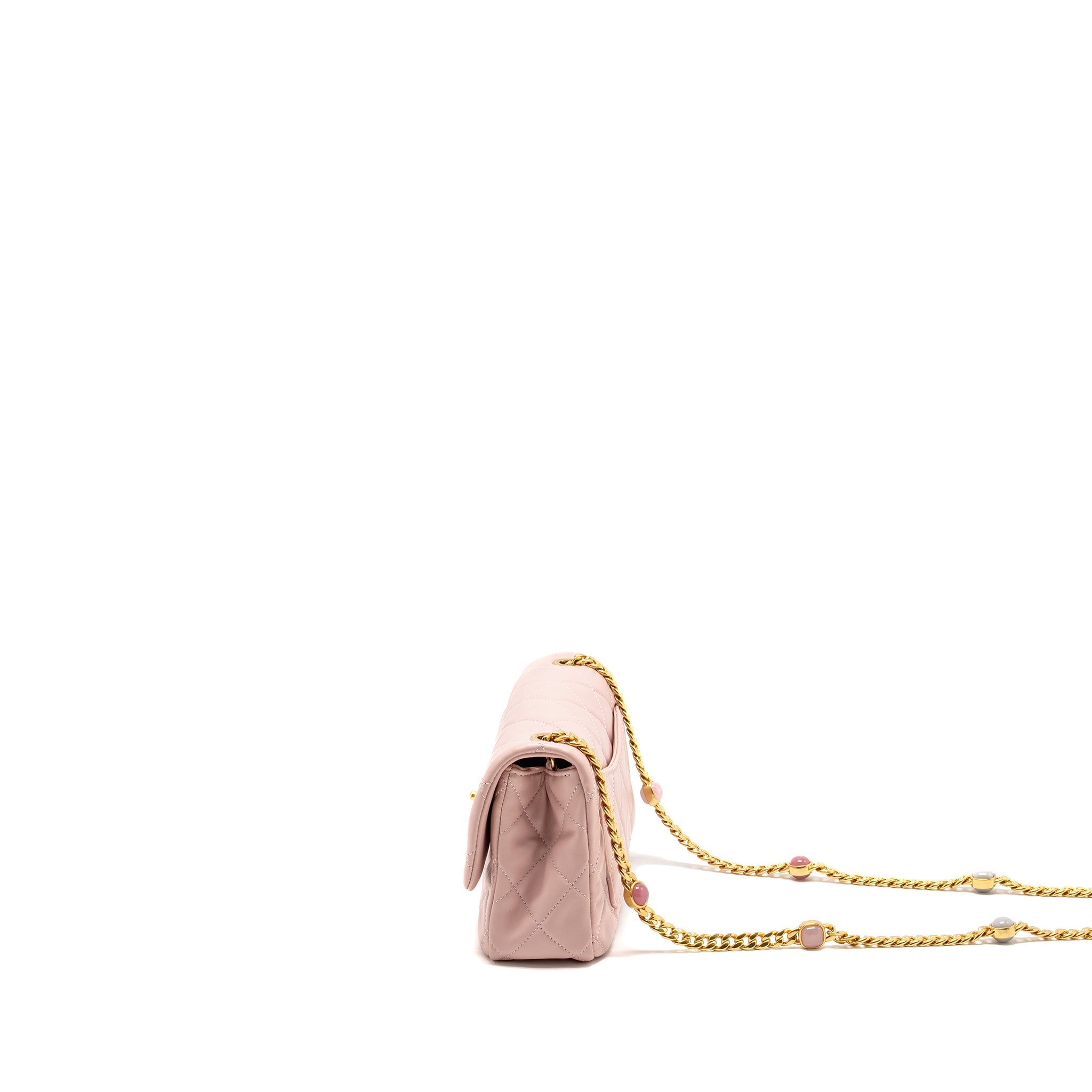 CHANEL 22B FLAP BAG WITH GEM CHAIN LAMBSKIN DUST PINK GHW (MICROCHIP)
