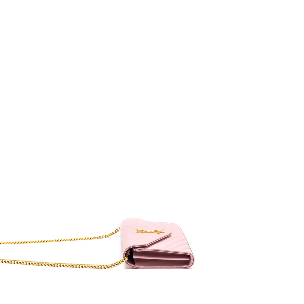 SAINT LAURENT / YSL CASSANDRE MATELASSE WALLET ON CHAIN GRAINED CALFSKIN PINK GHW