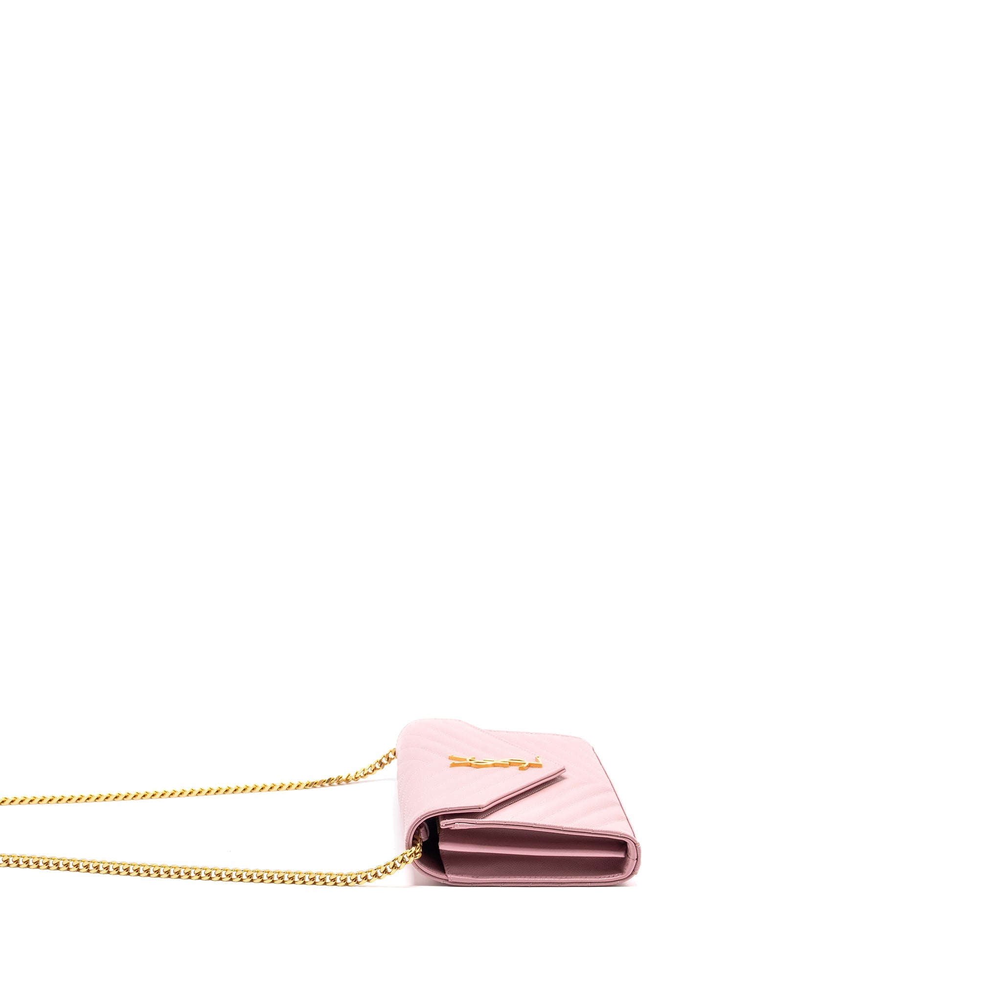 SAINT LAURENT / YSL CASSANDRE MATELASSE WALLET ON CHAIN GRAINED CALFSKIN PINK GHW