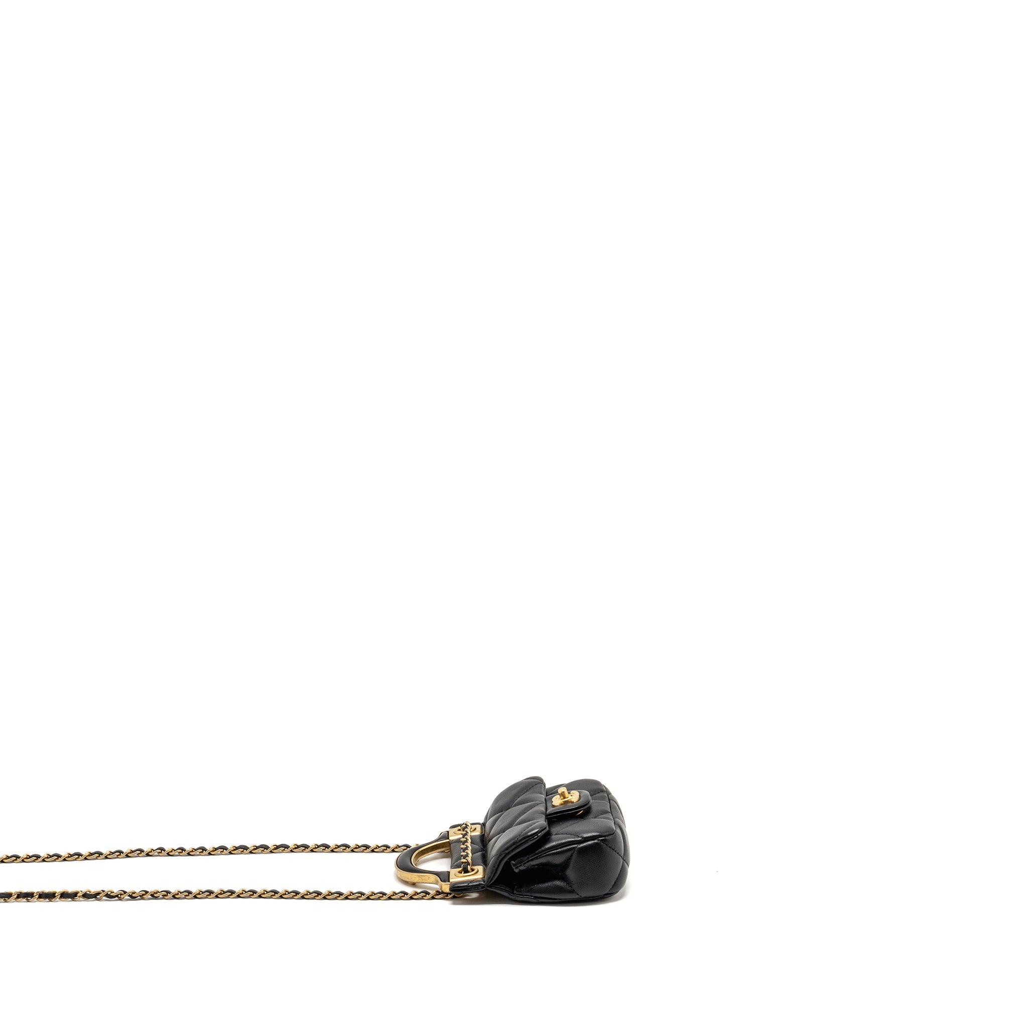 CHANEL 21A TOP HANDLE MINI FLAP CARD HOLDER WITH CHAIN LAMBSKIN BLACK GHW