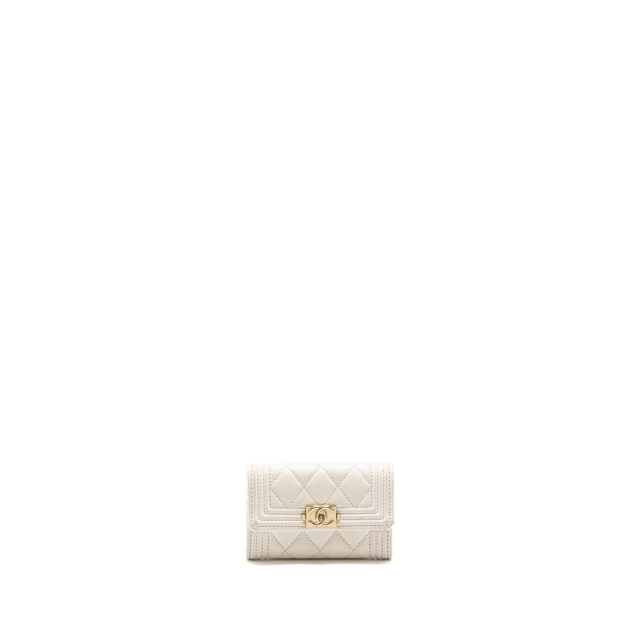 CHANEL BOY FLAP CARD HOLDER CAVIAR WHITE LGHW