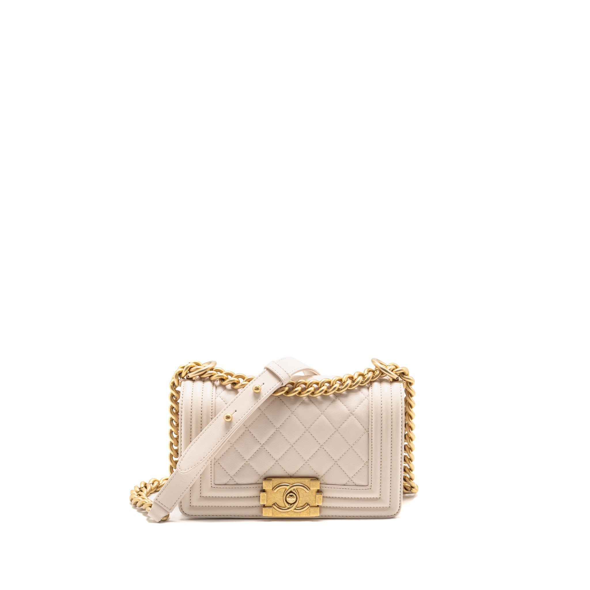CHANEL SMALL BOY BAG LAMBSKIN CREAM WHITE GHW