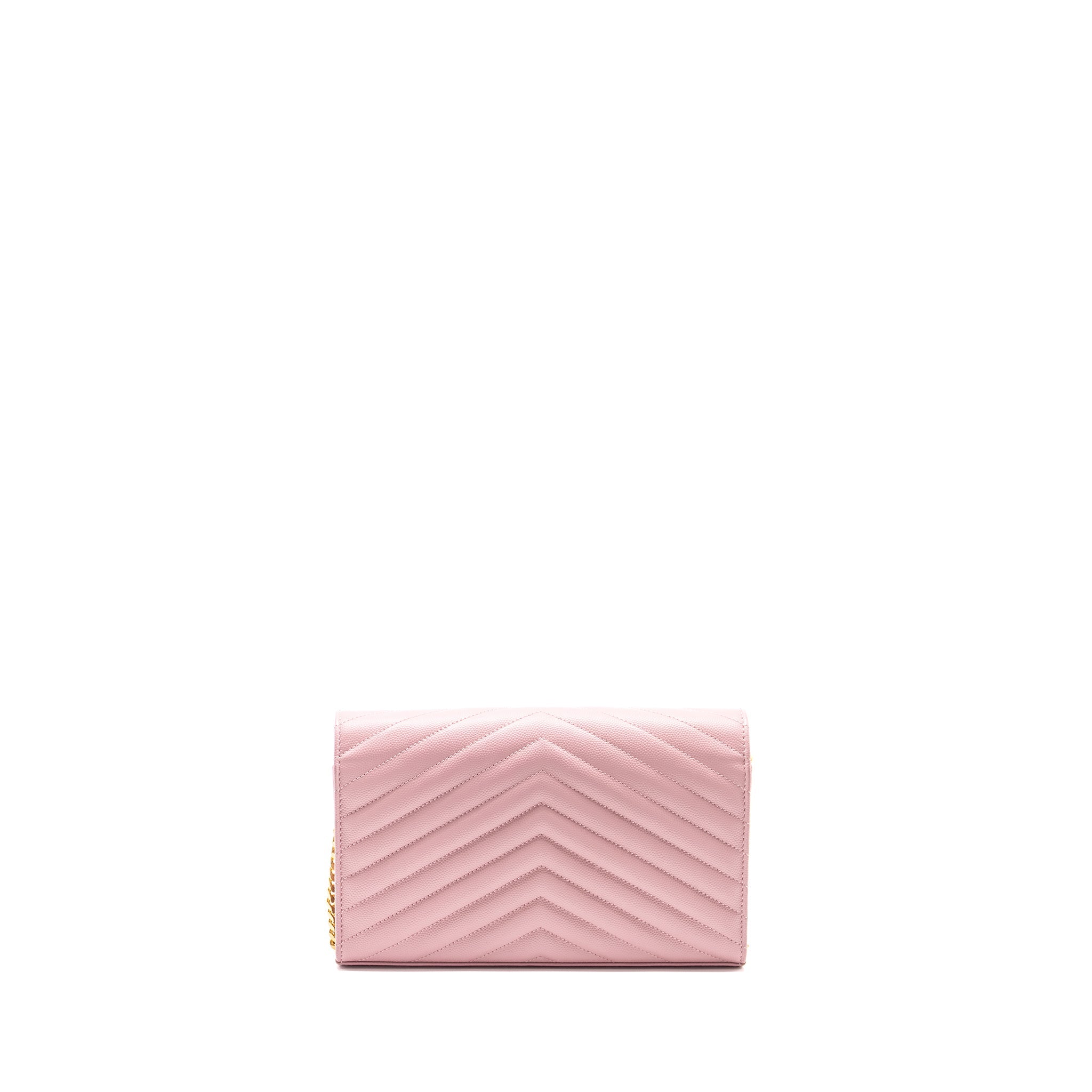 SAINT LAURENT / YSL CASSANDRE MATELASSE WALLET ON CHAIN GRAINED CALFSKIN PINK GHW
