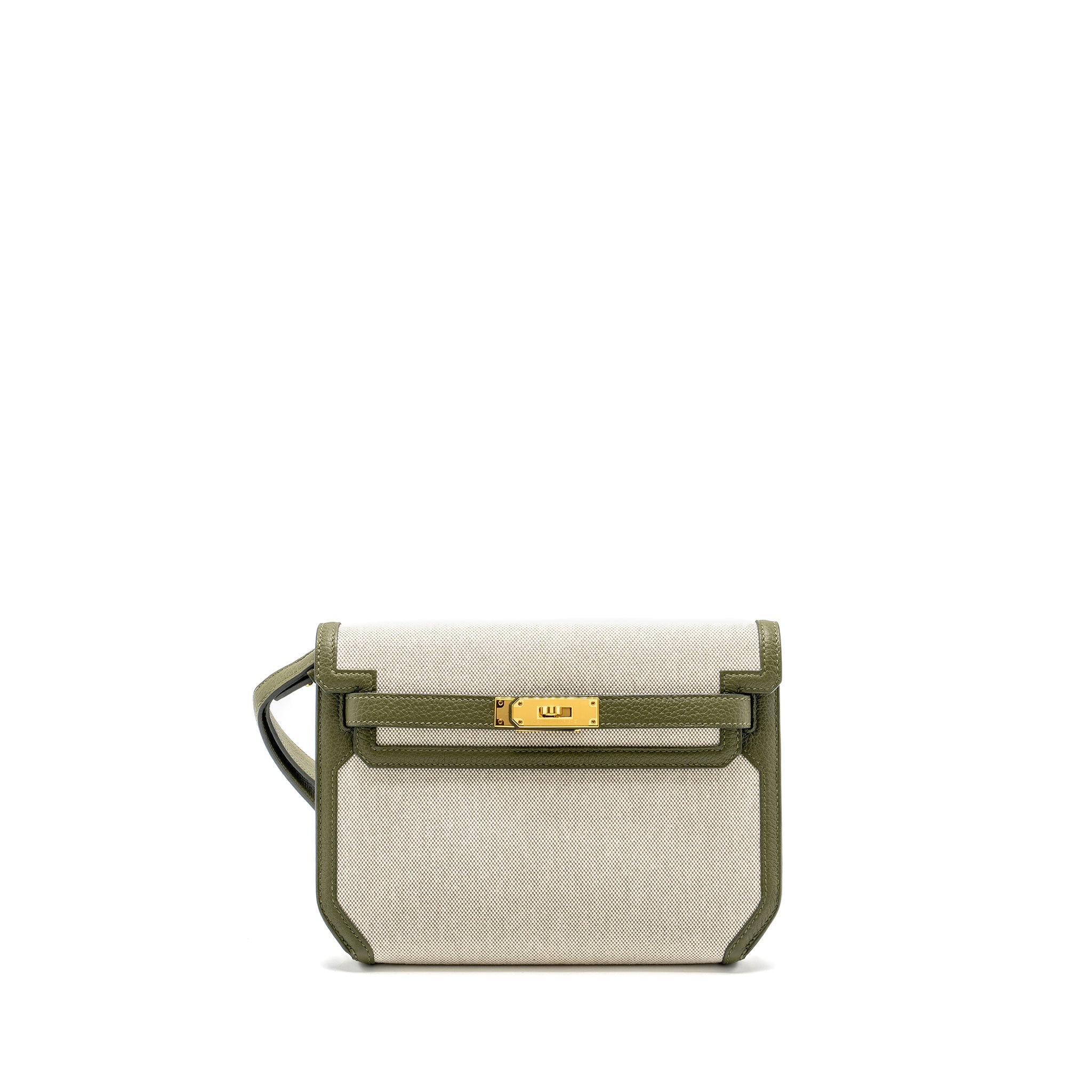 HERMES POCHETTE KELLY DEPECHES 25 CANVAS / TOGO ECRU BEIGE / VERT OLIVE GHW