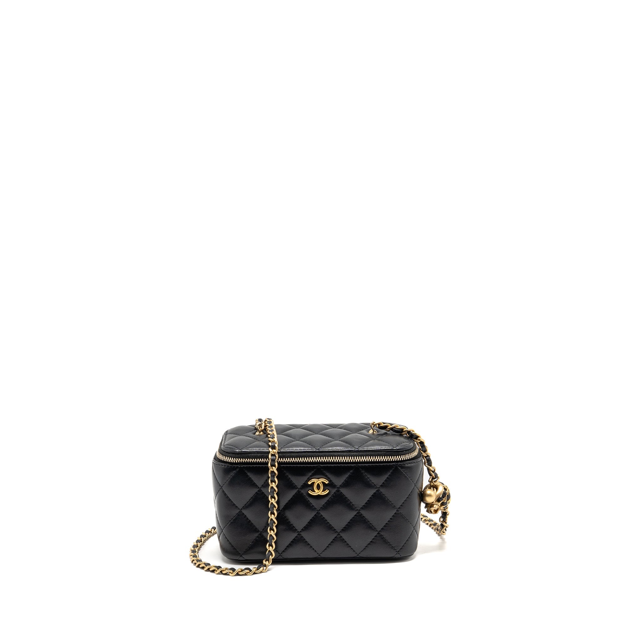 CHANEL PEARL CRUSH LONG VANITY WITH CHAIN LAMBSKIN BLACK GHW