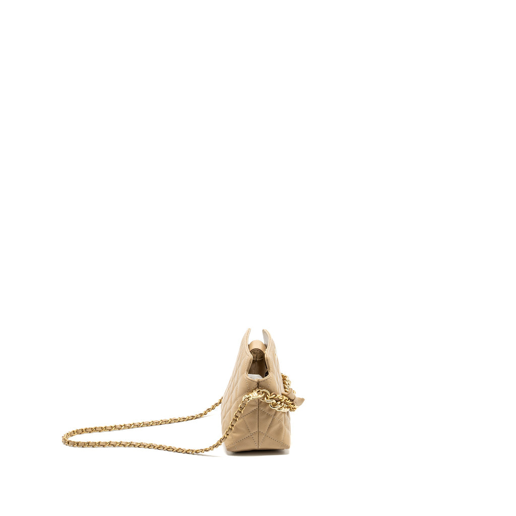 CHANEL CC LOGO QUILTED MINI CLUTCH WITH CHAIN CAVIAR BEIGE GHW (MICROCHIP)