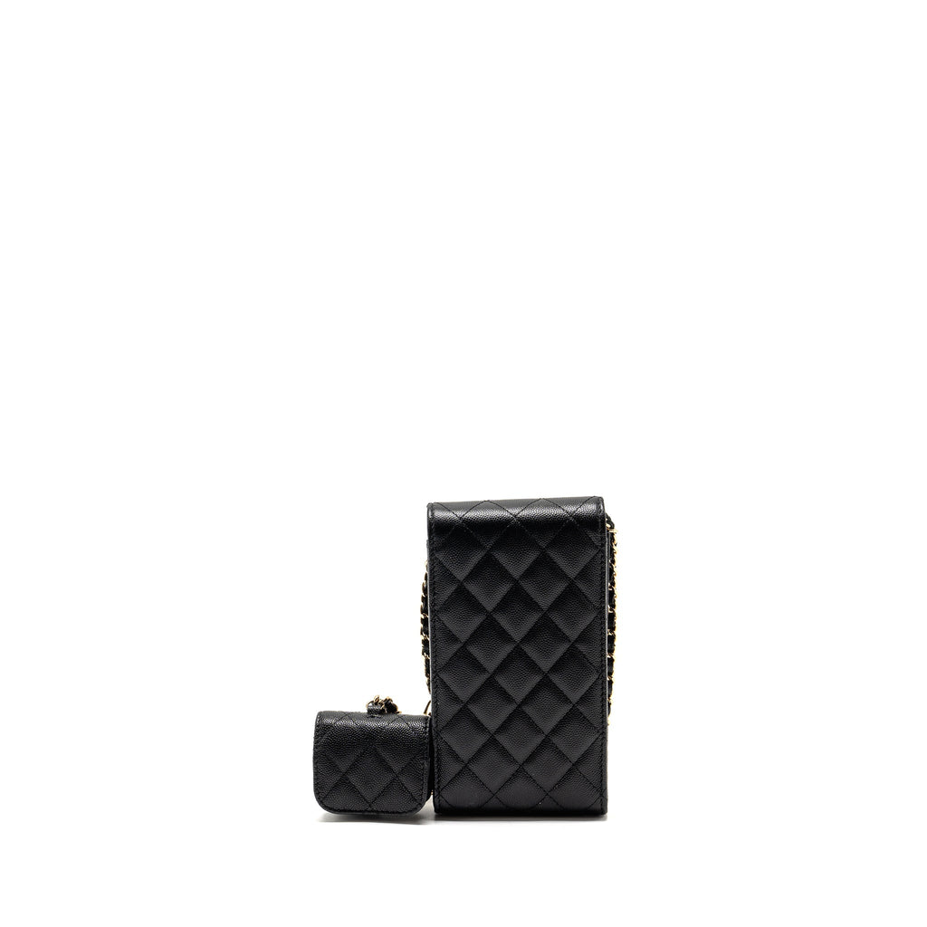 CHANEL CLASSIC PHONE CLUTCH WITH POUCH ON CHAIN CAVIAR BLACK LGHW