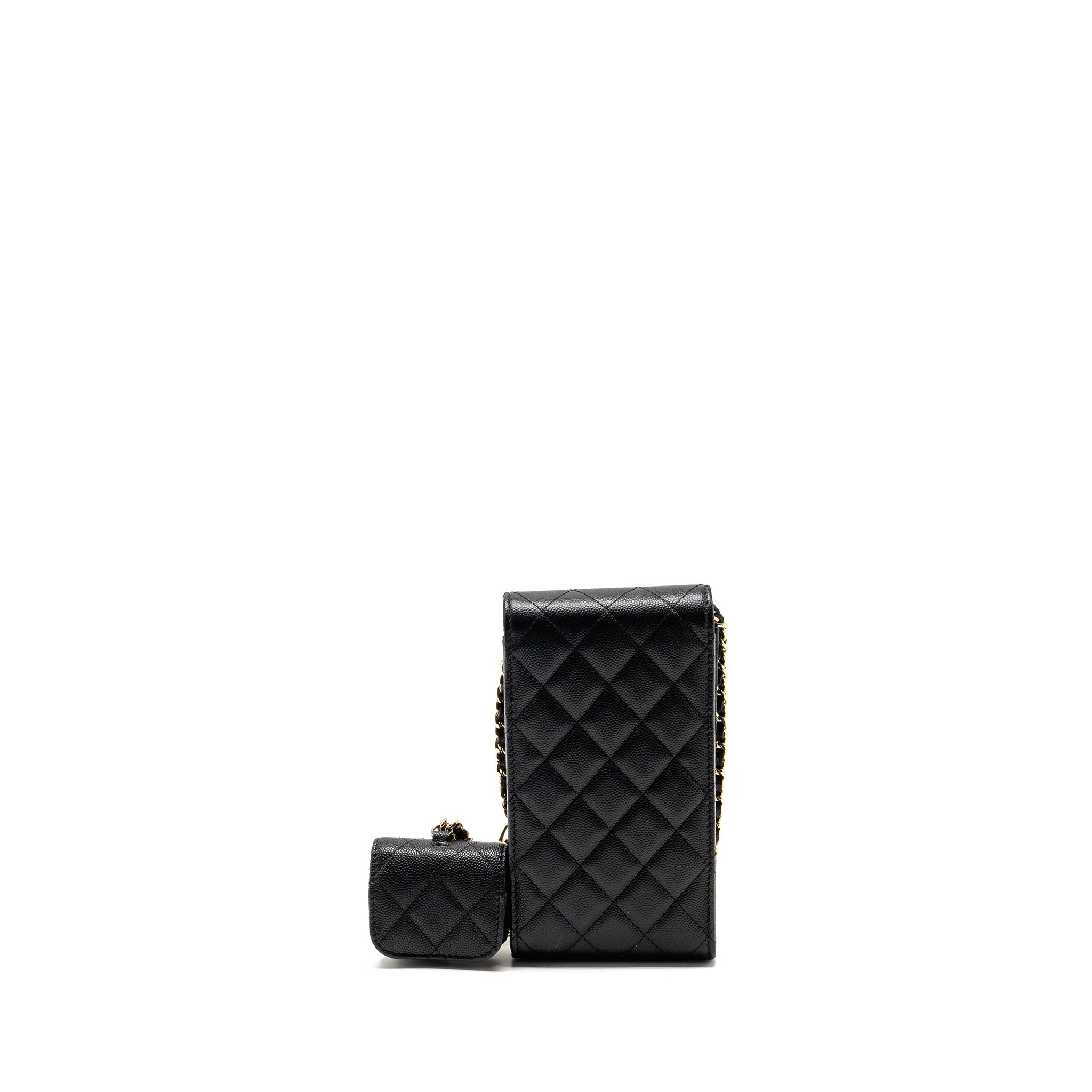 CHANEL CLASSIC PHONE CLUTCH WITH POUCH ON CHAIN CAVIAR BLACK LGHW