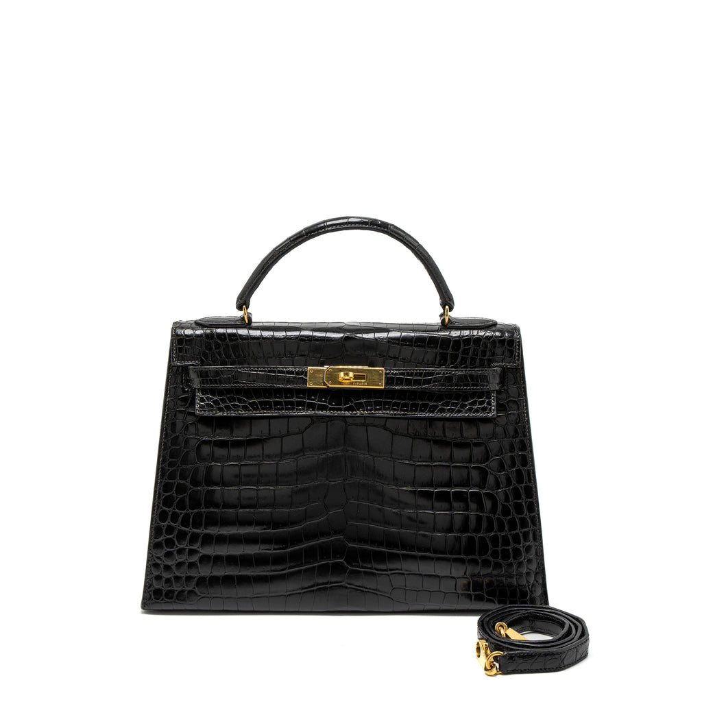 HERMES KELLY 32 SHINY CROCODILE POROSUS BLACK GHW