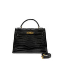 HERMES KELLY 32 SHINY CROCODILE POROSUS BLACK GHW