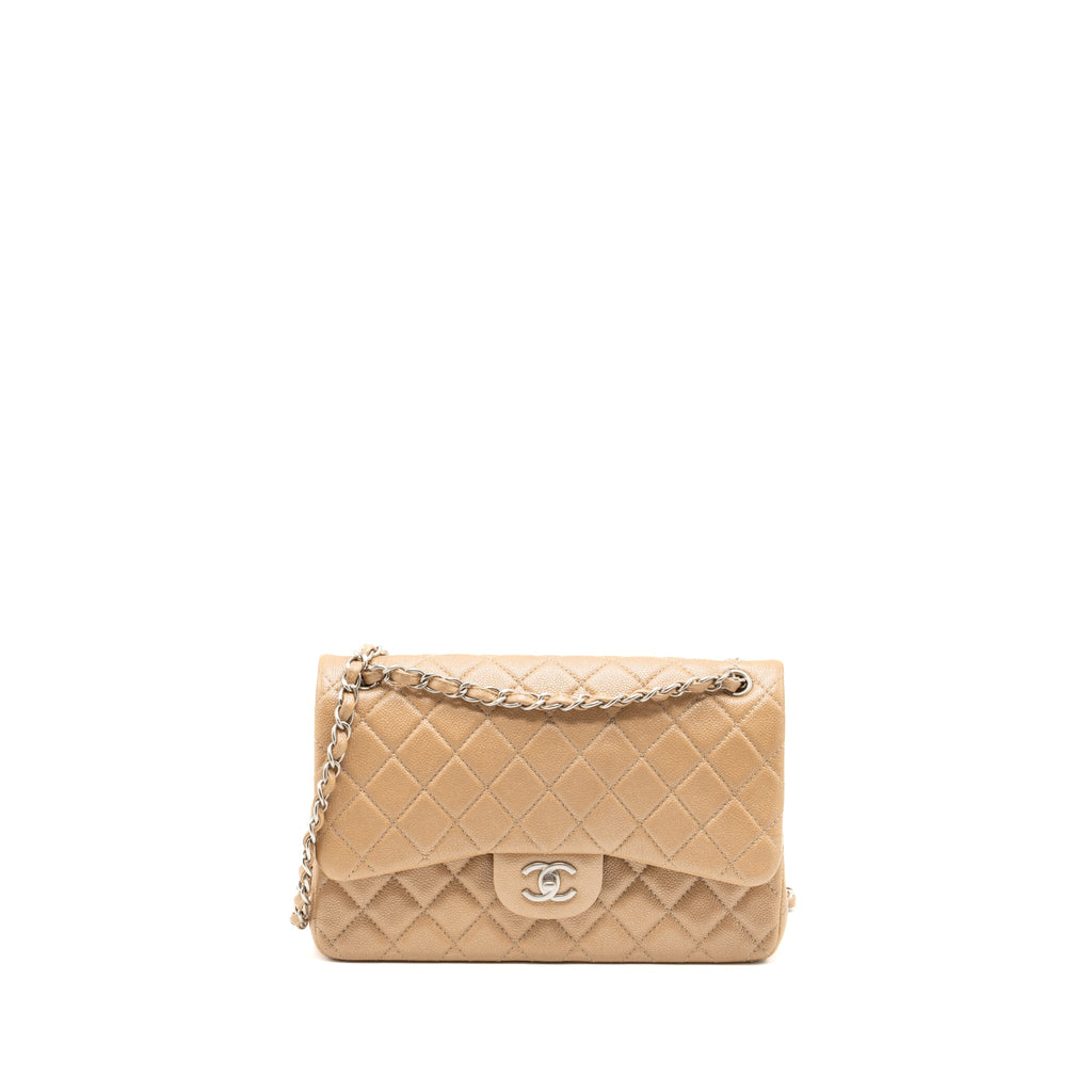 CHANEL CLASSIC JUMBO DOUBLE FLAP BAG CAVIAR IRIDESCENT BEIGE BRUSHED SHW