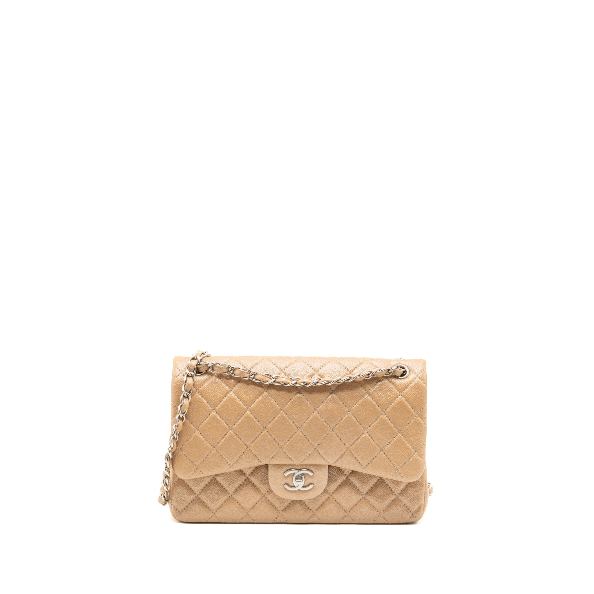 CHANEL CLASSIC JUMBO DOUBLE FLAP BAG CAVIAR IRIDESCENT BEIGE BRUSHED SHW