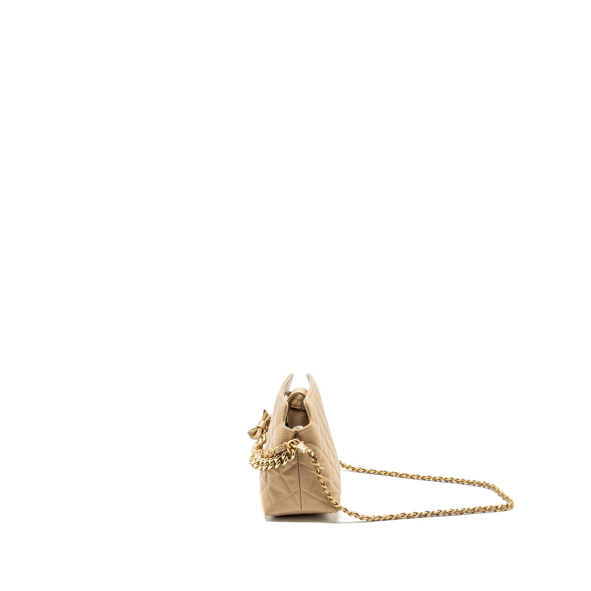 CHANEL CC LOGO QUILTED MINI CLUTCH WITH CHAIN CAVIAR BEIGE GHW (MICROCHIP)