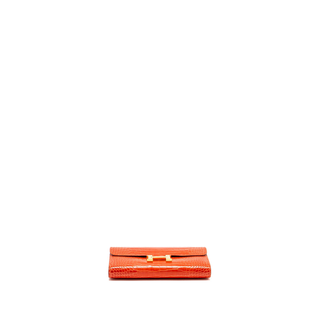 HERMES CONSTANCE LONG WALLET SHINY ALLIGATOR MISSISSIPPIENSIS ORANGE POPPY GHW