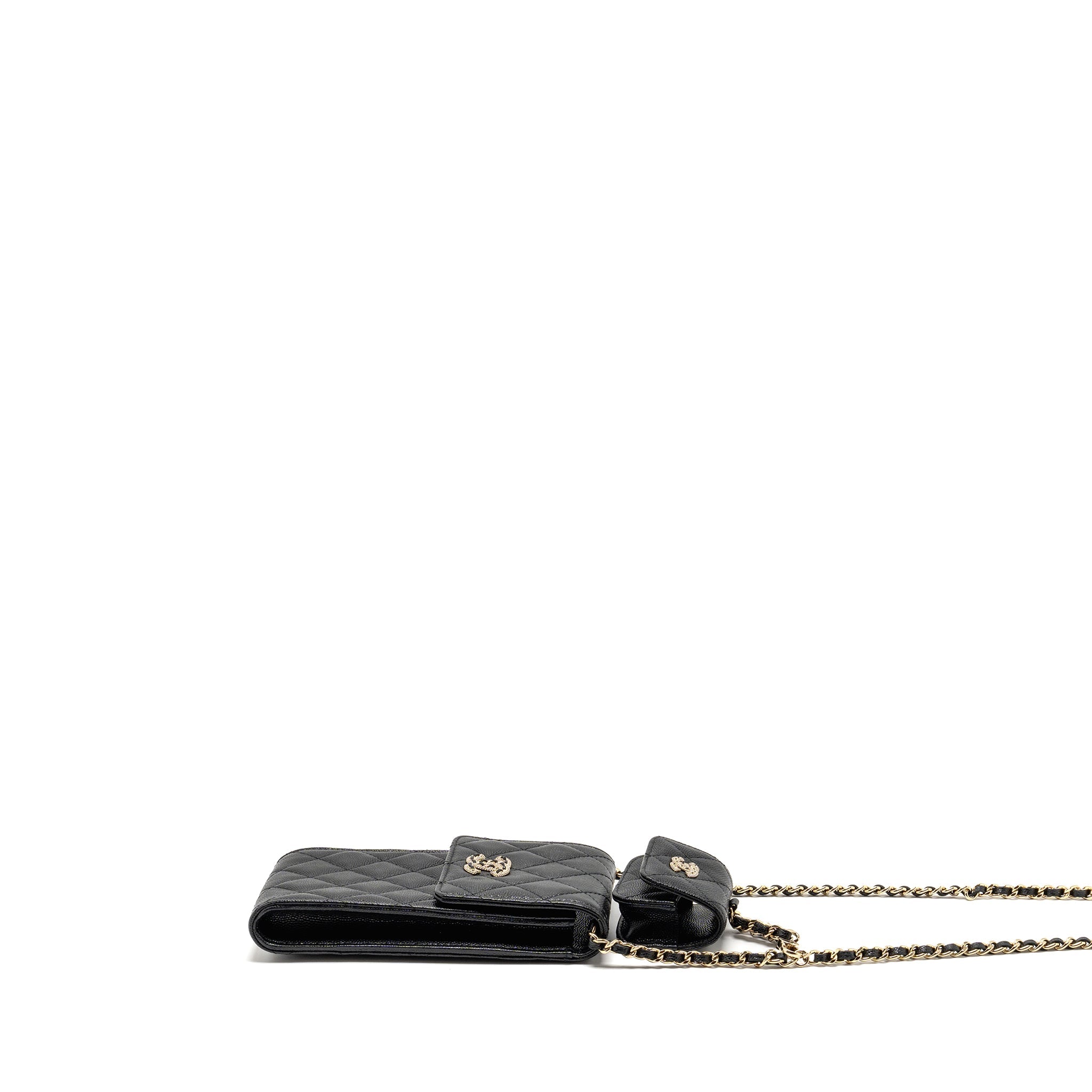 CHANEL CLASSIC PHONE CLUTCH WITH POUCH ON CHAIN CAVIAR BLACK LGHW