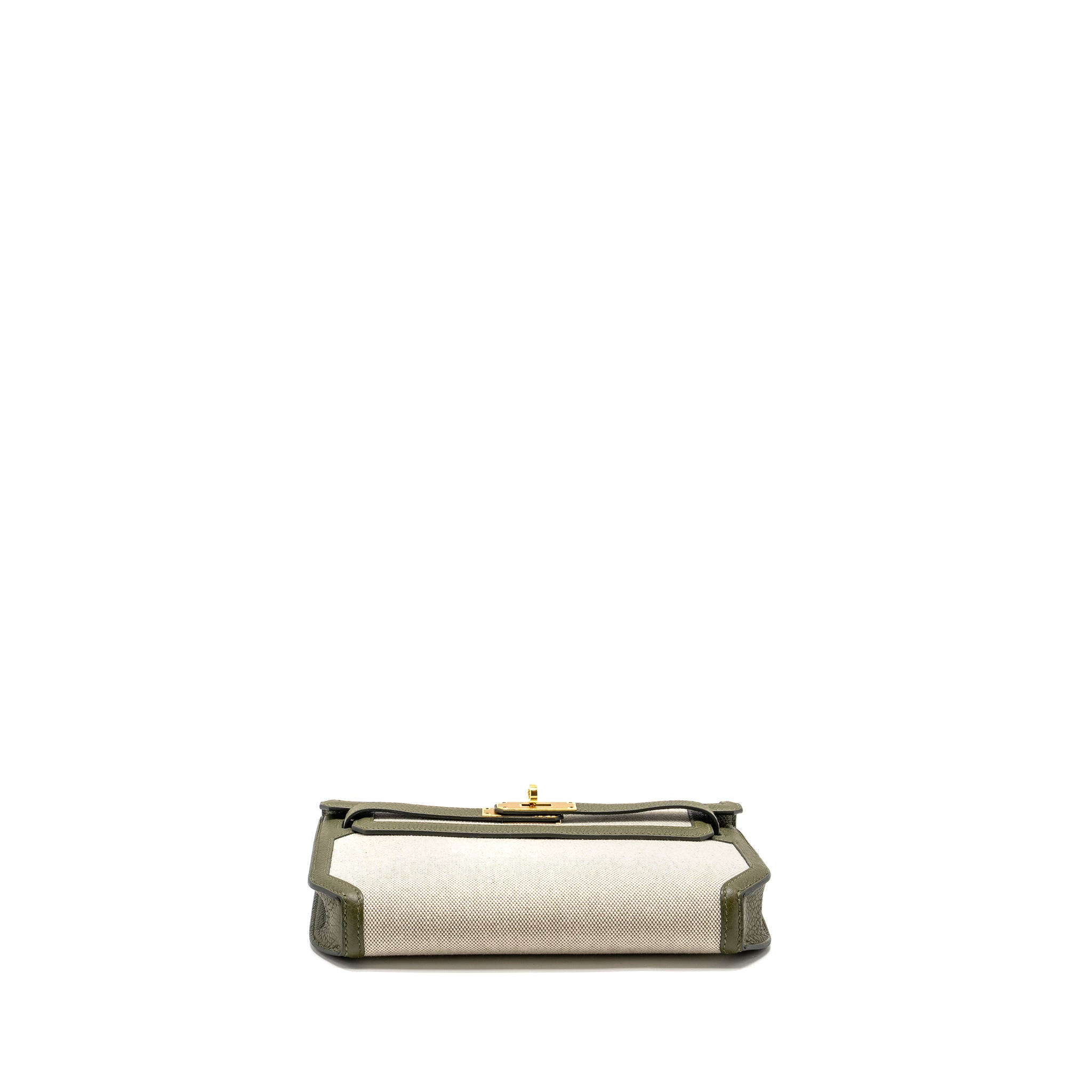 HERMES POCHETTE KELLY DEPECHES 25 CANVAS / TOGO ECRU BEIGE / VERT OLIVE GHW