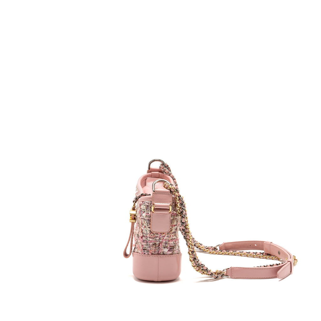 CHANEL SMALL GABRIELLE HOBO BAG TWEED/SHINY CALFSKIN PINK MULTICOLOURED HARDWARE