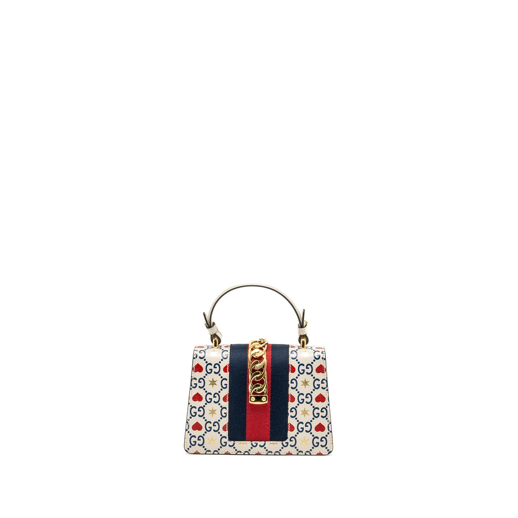 GUCCI MINI TOP HANDLE SYLVIE TOTE BAG WITH HEART PRINT LIMITED WHITE MULTICOLOR GHW