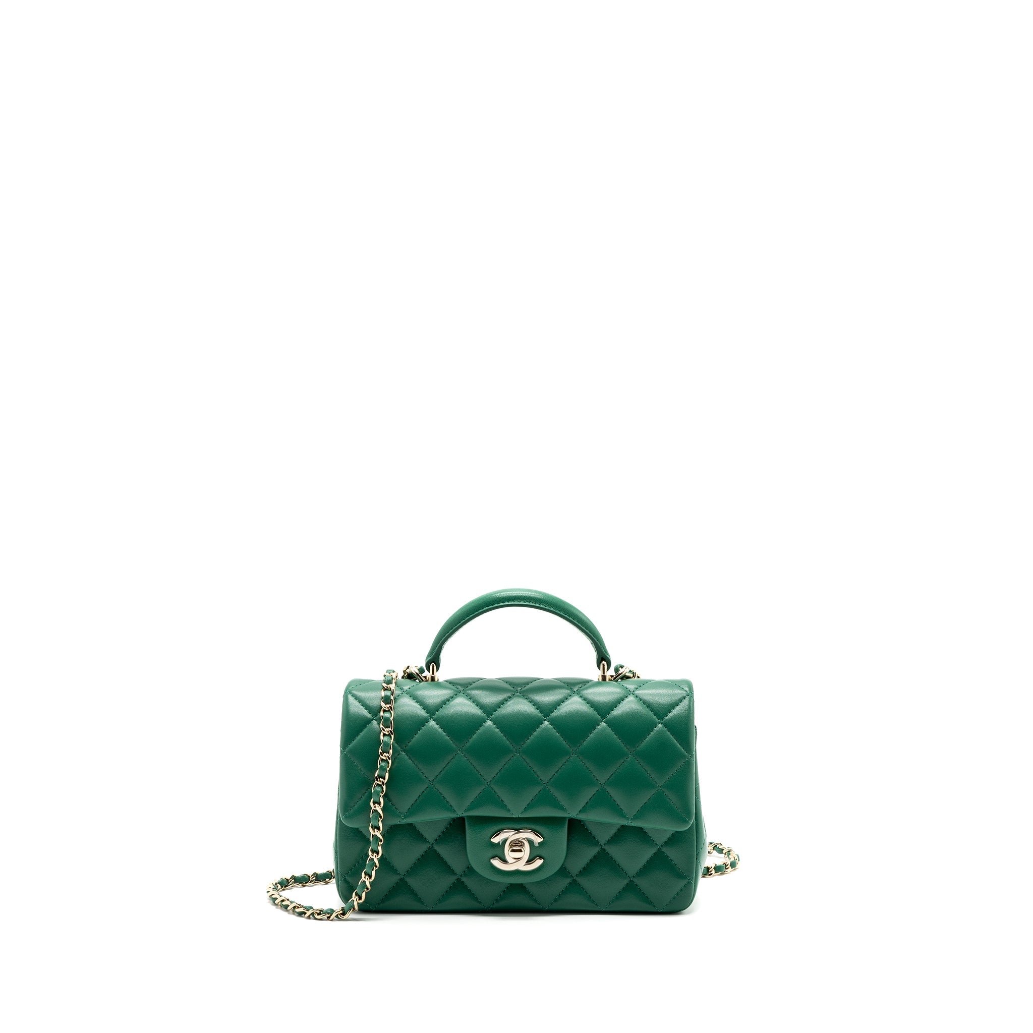 CHANEL TOP HANDLE MINI FLAP BAG WITH CHAIN LAMBSKIN GREEN LGHW (MICROCHIP)