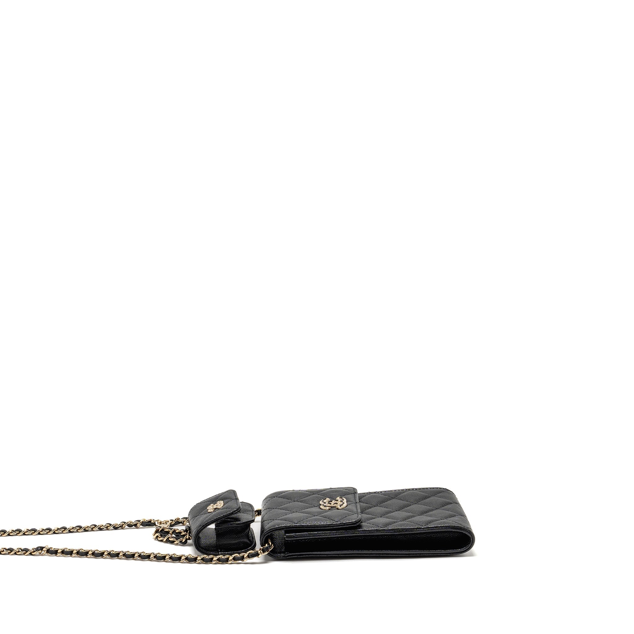 CHANEL CLASSIC PHONE CLUTCH WITH POUCH ON CHAIN CAVIAR BLACK LGHW